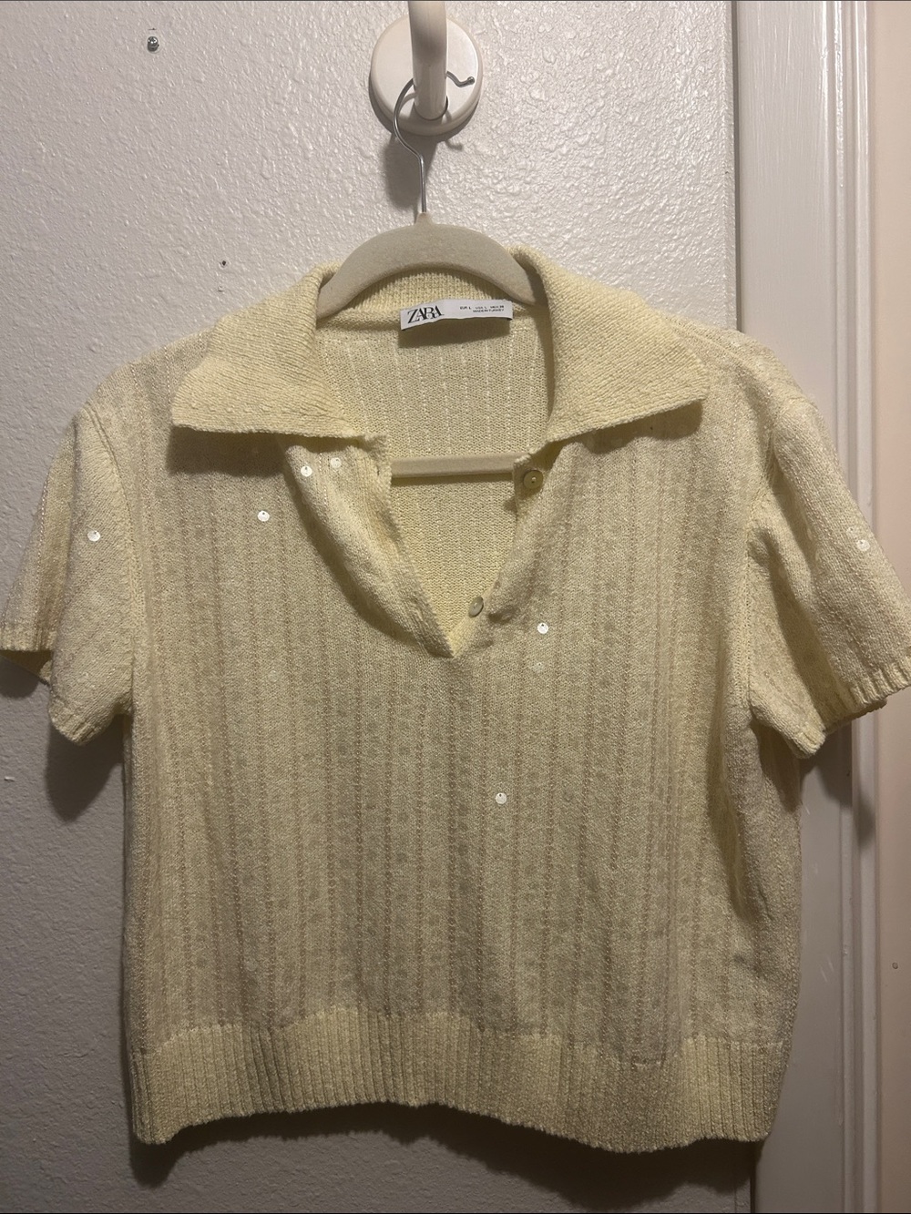 Zara Light Yellow Short Sleeve Sequin Knit Polo